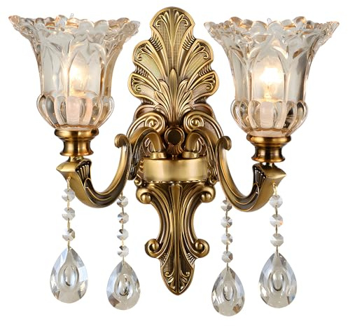 WayLuoung Vintage Blommig Väggmonterad Lampa 2 Huvud Kristallglas Skärm Vägglampa Ljus Retro Gyllene Brons Färg Dekoration Metall Vägglampa, Sängbord Vardagsrum Restaurang(E14 Sockel, Ingen Glödlampa)