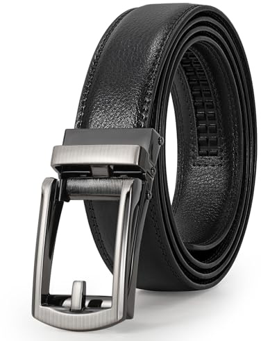 LEACOOLKEY Men's leather belt with slide Automatic leather belt ratchet belt for men with automatic buckle