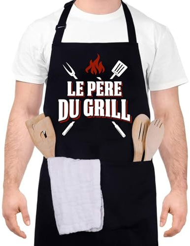 Halinuia - Delantal de barbacoa para hombre, delantal de cocina para hombre, delantal personalizado para hombre, barbacoa - Le Pere du GRILL, ajustable impermeable delantal de cocina, Negro , 70 x 90