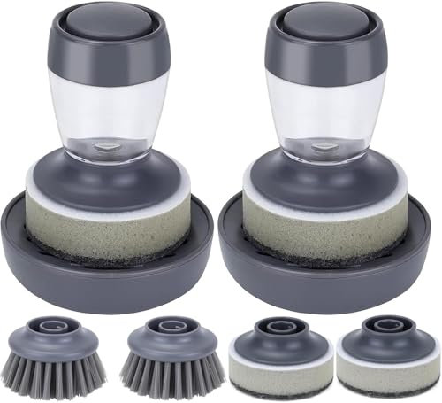 Cepillo para lavar platos con dispensador de detergente, 2 esponjas para lavavajillas con dispensador de detergente integrado, juego de cepillos de limpieza para presionar con 4 repuestos para