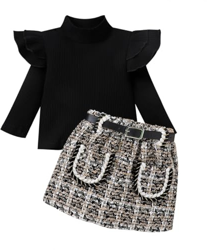LUVCES Vetement Bebe Fille Manches Longue en Tricot à Volants Hauts + Elegant Mini Jupes à Carreaux 2 Pièces Vêtements Tenues d 'Automne Hiver Noir 3-4 Ans