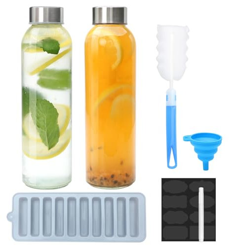 Brajttt Glass Juice Bottle with Lids,16oz Juicing Bottles Reusable, Clear Glass Water Bottles 16 oz with Stainless Steel Airtight Cap,Juice Beverage Container, Leak Proof，Set of 2