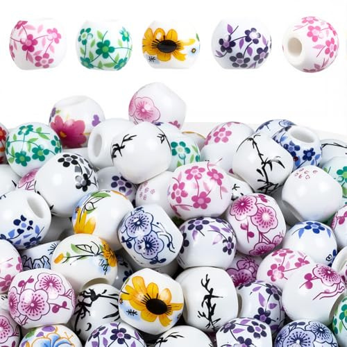 1 caja de 180 cuentas de Porcelana China de Colores de 8mm con Agujero grandes, Flores de Cerámica Redondas con Estampado Floral, Cuentas Espaciadoras Sueltas Vintage para Hacer Joyas, Puls