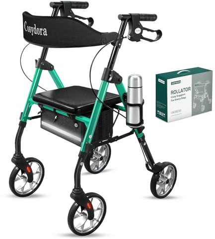 Cosydora Rollator Walkers for Seniors with Seat, 13.6 Lbs Ultra Lightweight Foldable Rolling Walker, 350Lbs Heavy Duty Aluminum, 8 All Terrain Wheels, Dual Adjustable Height, Shimmer Green