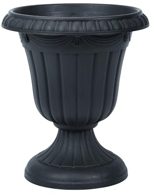 Bamworld 26cm Black Plastic Urn Planter, Large Round Classic Resin Flower Pot for Outdoor and Indoor Plants, Traditional Decorative Planter for Patio Deck Front Porch