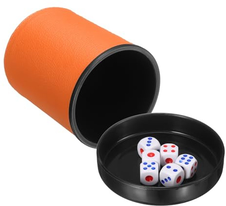 uxcell Professional Dice Cup, PU Leather Shaker Cups with Lid Includes 6 Dot Dice for Bar Gatherings Party Board Games, Orange