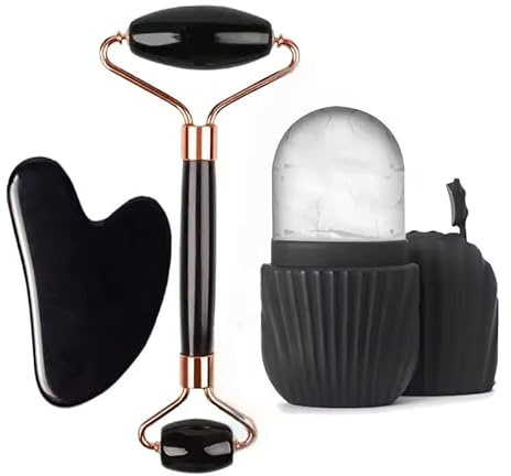 Facial Ice Roller Set – Gousha FaceTool Contour Lift Facial Massage Roller, Black Gua Sha & Ice Globe Massager for Skin Care, Puffiness & Tightening (3pcs Set Black)