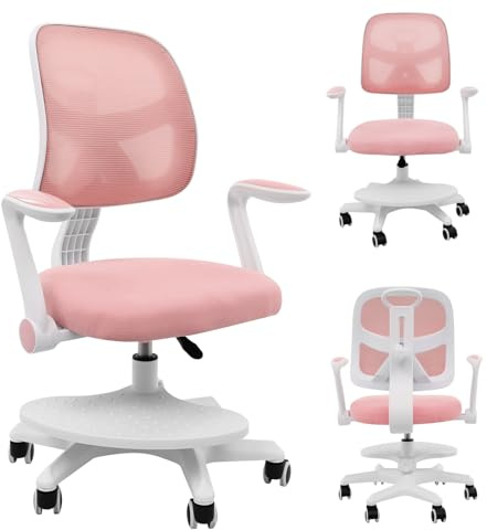 Brride Silla infantil de escritorio giratoria con reposapiés, reposabrazos ajustables, altura regulable, respaldo ajustable, silla de escritorio para niños de 6 a 18 años (rosa)