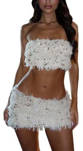 MLSHWUG Damärmlös västtopp Mode Mini Bodycon-kjol Paljetter Pysch Streetwear 2-delar,White,S