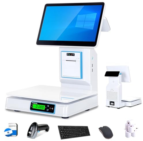 LADECNERHT TPV con Báscula, Pantalla Táctil Capacitiva De 15,6, Terminal TPV con Escáner Portátil Y 10 Rollos De Papel, Caja Registradora con Teclado E Impresora. para Restaurantes Singlescreen