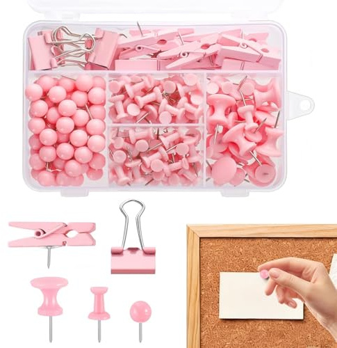 200Pcs Thumb Tacks, Pink Push Pins for Bulletin Board and Cork Board, 5 Styles Decorative Push Pins for Pictures, Photos, Artworks, Crafts, Calendars