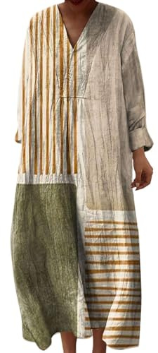 Vestidos Mujer Verano 2026 Boho Vestido Largo Casual para Disimular Tripa Talla Grande Manga Larga de Algodón y Lino con Bolsillos Vestido Playa Holgado Suelto Vintage Hippie Chic Maxi Tunica Larga