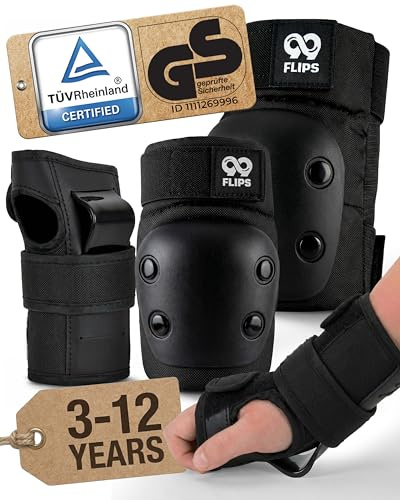 99FLIPS Inline Skateskydd för Barn Set 3-12 år [6-pack] - Skateboard, Skoter och Inline-Skridskoåkning - Knäskydd, Armbågsskydd och Handskydd - SLIDE - Storlek XS - SVART