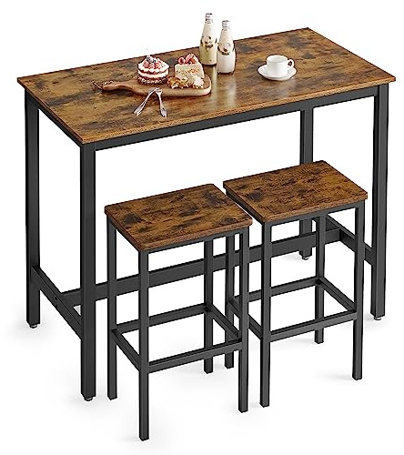 VASAGLE Bar Table and Chairs Set, Rectangular Table with 2 Stools, Dining Pub Set for 2, Space Saving for Kitchen Breakfast, Living Room, Party Room, Rustic Brown and Black ULBT15X
