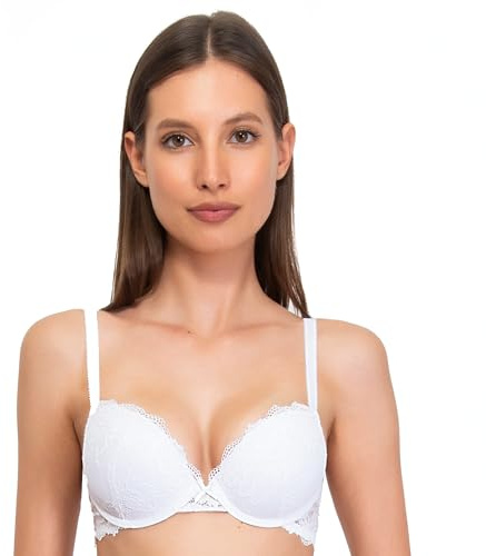SIELEI, Reggiseno con Coppe Graduate e Ferretto per Un Effetto Push-up, Realizzato in Morbido Pizzo, Spalline Regolabili, Designed in Italy, Color Bianco, Taglia 4B