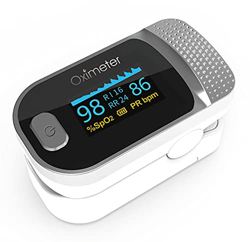 Pulse Oximeter Fingertip, 4-in-1 Oximeter with Perfusion Index | Respiratory Rate,Heart Rate Monitor,Blood Oxygen Saturation Monitor, OLED Screen and Alarm Function,Suitable for all ages