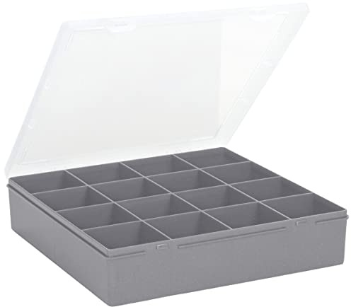 Wham 9.01 16 Division Square Plastic Craft DIY Storage Organiser Box Upcycled Soft Grey Clear Lid, 23.5 x 24.5 x 5cm