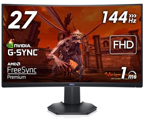 Dell S2721HGFA 27 Inch Full HD (1920x1080) 1500R Curved Gaming Monitor, 144Hz, VA, 1ms MPRT, AMD FreeSync Premium, NVIDIA G-SYNC Compatible, DisplayPort, 2x HDMI, 3 Year Warranty, Black