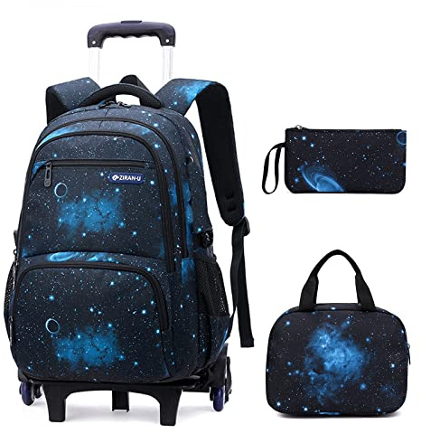 VIDOSCLA 3Pcs Teen Boys Galaxy Rolling Backpack Sets Elementary School Wheeled Backpack Carry-on Luggage BookBag with Wheels