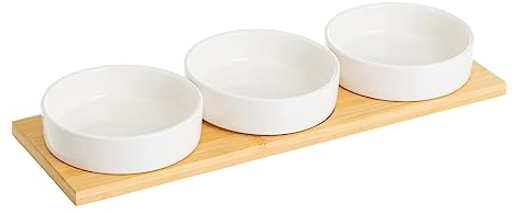 Juego de 3 platos de aperitivo blancos de porcelana con bandeja de bambú natural de 33x10 cm