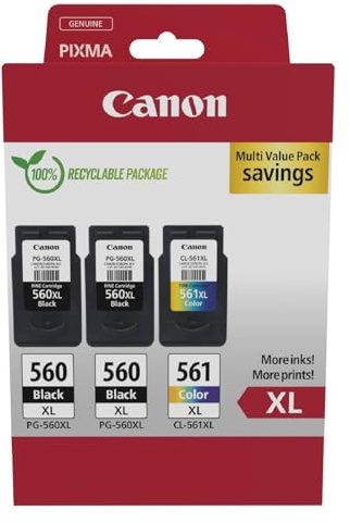 Canon PG-560 + CL-561, Cartuchos de Tinta Original, 2 Cartuchos de Tinta Independientes en Color Negro y 1 Cartucho Multicolor, Compatible con Impresoras de Inyección de Tinta PIXMA