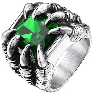 Bestyle Smaragd Ring Herren Edelstahl Dragon Claw Bandring Zirkonia Vintage Punk Biker Ringe Männer Gotischer Fingerring mit Grünem Stein für Herren Damen, Silber, Ringgröße 67