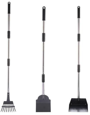 GBACHOOSE Lot de 3 trottinettes à déjections canines et râteau, poubelle à poignée réglable avec râteau et pelle pour enlever les déchets pour chiens de petite, moyenne et grande taille