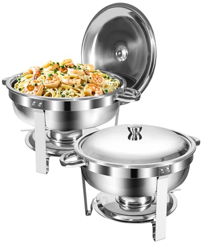 WENMILY Plata Chafing Dish Buffet Set 5L [Robusto, 2 recipientes Calientes de Acero Inoxidable [diseño de Borde Enrollable], Calentador de Alimentos para Catering Buffet y Fiestas