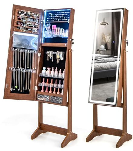 Multigot LED Jewellery Cabinet, Freestanding Mirrored Jewelry Armoire with 3-Color Lighted Full Length Mirror, 3-Angle Adjustable Lockable Cosmetic Storage Organizer for Dressing Room (Walnut)