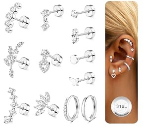 JeweBella 12Pcs Piercing Orecchio Acciaio Chirurgico Set Orecchini Donna Argento Oro Orecchini Cerchio Piccoli Orecchini a Lobo Helix Piercing Cartilagine Conch Piercing Trago