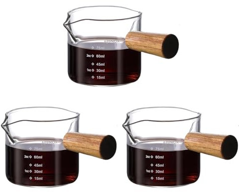 3 Pcs Espresso Glass Measuring Cup, 75ML Espresso Shot Glass with Wood Handle,Easy to Clean, for Espresso, Milk, Sauce