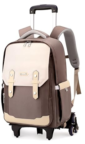 NIWEIYA Rolling Backpack for Boys Roller Backpack with Wheels for Boys & Girls, Rolling Bag Trolley School Bags for Primary Students, Kids Wheeled Bookbags on 6 Wheels, Brown