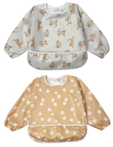 Little Dimsum Mess-Proof Baby Bibs|Infant Toddler Long Sleeve Waterproof Feeding Art Smock|Catching Food & Wipe Clean| Pack of 2 Colors