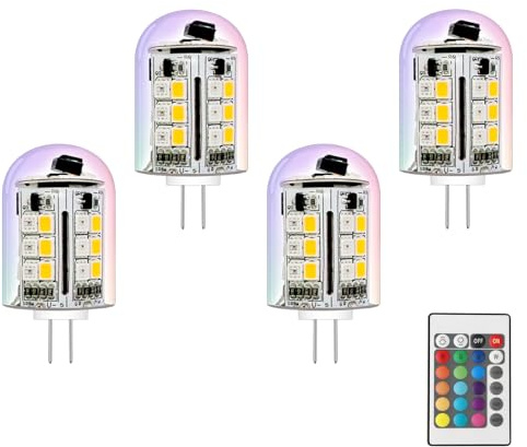 noobibaba Bombilla LED G4 con cambio de color, 12V: incluye blanco cálido y 15 colores RGB, compatible con 12V-24V. Kit compuesto por 4 bombillas y 1 control remoto, no regulable en intensidad