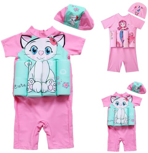 Maillot de Bain Flottant Enfant Fille avec Bonnet, Maillot de Bain Une pièce Flottant Flottabilité Réglable Piscine Formation Costume Vêtements de Plage d'été Sechage Rapide 4-8 Ans (120-XXL)