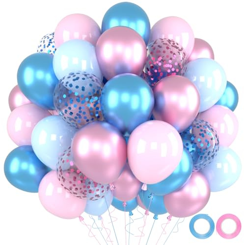 Palloncini Compleanno Rosa Blu, 52 Pezzi Palloncini Rosa Azzurro, Metallo Lattice e Confetti Elio Pallone per Gender Reveal Ragazzo Ragazza Compleanno Baby Shower Anniversario Decorazioni 12 Pollici