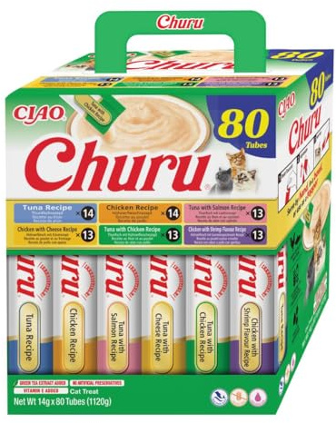 INABA Churu Friandises pour Chats à Base d'ingrédients de Haute qualité, Riches en humidité et en protéines, Faibles en Calories, sans céréales ni Sucre ajouté 80 x 14g