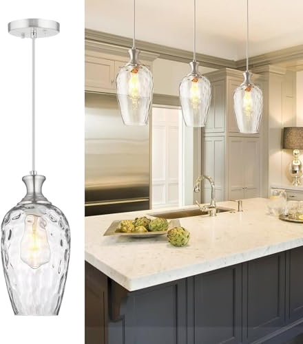 Riohan Lampade a Sospensione in Vetro per Isola Cucina, Lampadario 1 Luce in Cromo con Vetro Soffiato a Mano, Lampada a Sospensione in Stile Moderno Rustico per Cucina, Sala da Pranzo 16 * 30cm