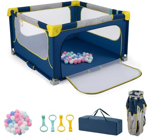 GOPLUS arque Infantil Plegable para Bebés, 127 x 127 x 72,5 cm, Parque Portátil con 50 Pelotas Oceánicas, Bolsa de Transporte, Cerca de Seguridad para Bebés con Puertas (Azul)