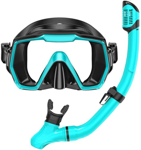 Snorkel Set Adults Snorkeling Gear Anti-Leak and Anti-Fog Tempered Glass Lens Panoramic View Swim Mask Dry Top Snorkel Kit for Snorkeling Scuba Diving Swimming Travel with Carry Bag