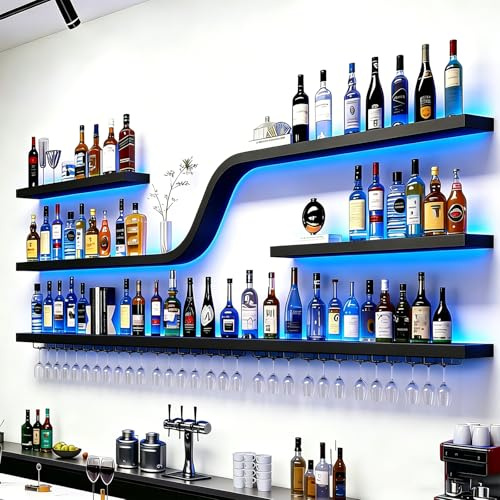 AUSKLEZU Botellero de Pared 3 Niveles con Iluminación LED, Estante Flotante Hierro Forjado, Diseño Ondulado Industrial, para Bar, Cocina, Restaurante (120 * 20 * 80cm)