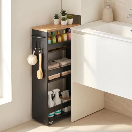 EGGREE Nischhylla smal, rullvagn 40 x 20 x 80 cm, svart + ekfärger | Rullvagn med 4 hjul, handtag och 3 krokar för kök, badrum, vardagsrum, arbetsrum, små rum trånga nischer, 15 kg/hylla