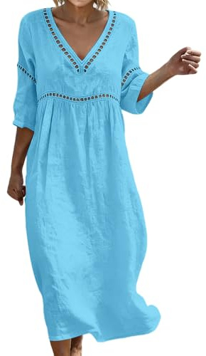 Summer Dresses for Women UK Bohemian 3/4 Sleeve Cotton Dresses Casual Loose Fit Boho Dress Breathable Comfortable Friendly Elegant Style Holiday Beach Travel Everyday Wear