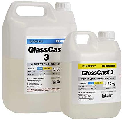 Clear Epoxy UV stable, self-levelling, self-degassing, hard-wearing Glass Cast 3 v2 Resin for Floors, Table & Counter Tops. Kit with Gloves (5kg)
