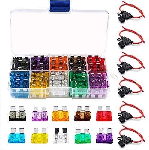 6 kfz Sicherungshalter 12 Volt +100 Standard Flachsicherungen Auto(2/3/5/7.5/10/15/20/25/30/35A),Bst4U Sicherungshalter kfz 14 AWG mit Wasserdichte Kappe für ATC/ATO Flachsicherunge für Auto/LKW/Moto