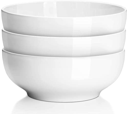 DELLING 60 Oz Large Serving Bowls Set of 3, 8 Inch White Ceramic Mixing Bowls - Soup Salad Pasta Ramen Bowls for Kitchen, Microwave Dishwasher Safe, Porcelain