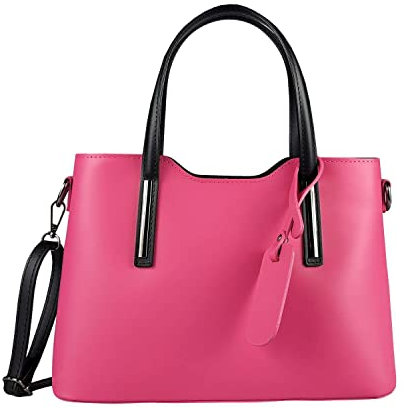 OBC Made IN Italy Damen Echt Leder Tasche Business Shopper Schultertasche Handtasche Ledertasche Umhängetasche Rindsleder Freizeittasche Pink-Schwarz