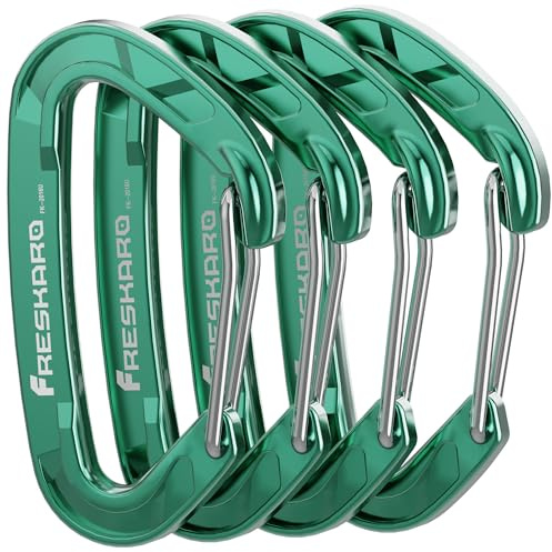 FresKaro Wire gate Carabiner Clips, 15kN WireGate Caribeener Heavy Duty, Caribeaner Spring Snap Hooks, D Ring, Strong, Lightweight, 4Pack for Keychain, Key, Gym, Outdoor Camping, Medium Size, Green