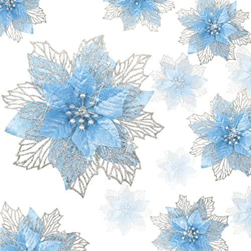 24 stycken julglitter julstjärna blommor lager konstgjorda julblommor bröllop julgran nyår prydnader (blå)