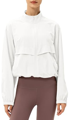 Locachy Women's Lightweight Zip Up Athletic Jacket Stand Collar Windproof Sun Protection Workout Outdoor Jacket White S